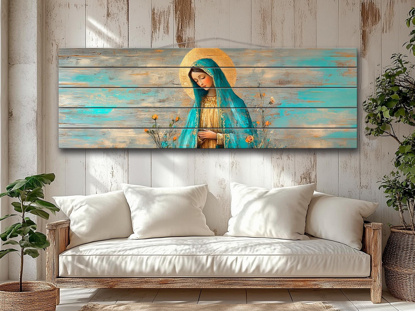 Virgin Mary Wall Art – Natural Wood Grain Art | Rustic Religious Wall Decor
