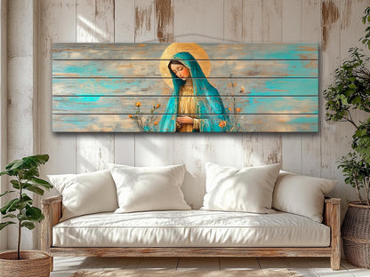 Virgin Mary Wall Art – Natural Wood Grain Art | Rustic Religious Wall Decor