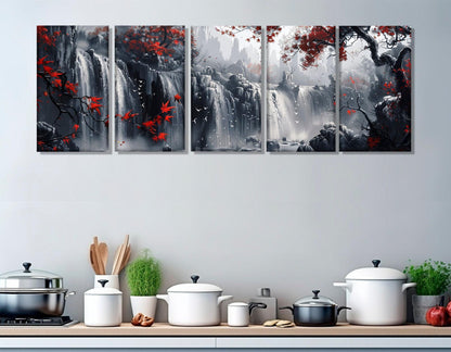 Waterfall Canvas Print – Large Scenic Wall Art With Red Trees, Framed & Ready to Hang