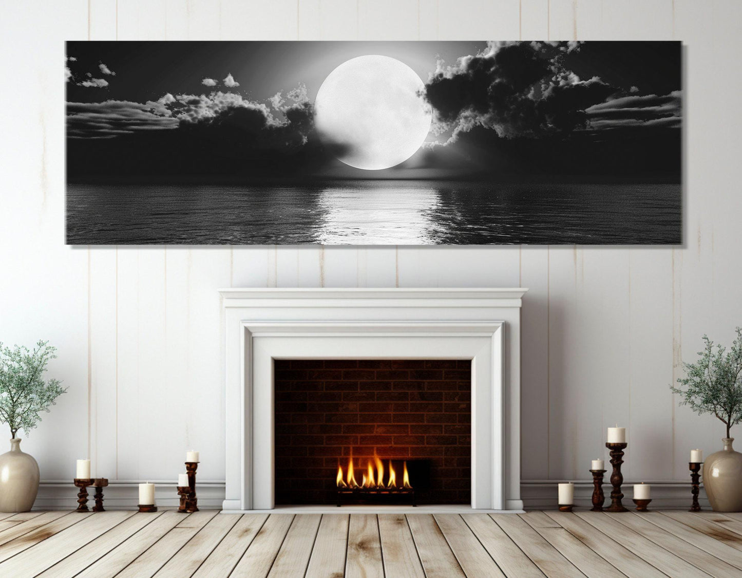 Moon Canvas Print – Scenic Moon Over Sea | Black And White Art | Ready To Hang