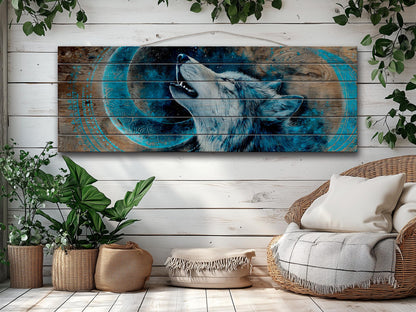 Wolf Howling on Full Moon Print on Natural Wood, Rustic Howling Wolf Painting, Native American Wall Decor, Wolf Wall Art, Tribal Wall Decor