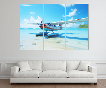 Maldives Beach Canvas Seaplane Wall Art – Framed Floating Frame, Ready to Hang