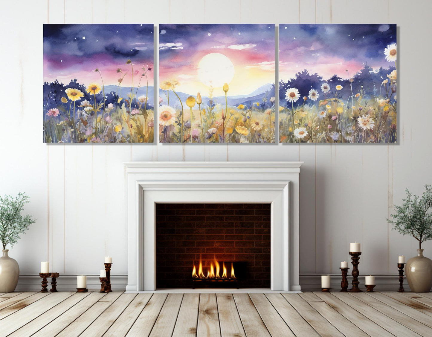 Wildflowers Field Canvas Print – Full Moon Floral Wall Decor | Framed Gallery Wrapped