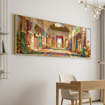 a large, ornate room with arched doorways, colorful tapestries hanging from the walls, and a wooden desk with a chair in the foreground.