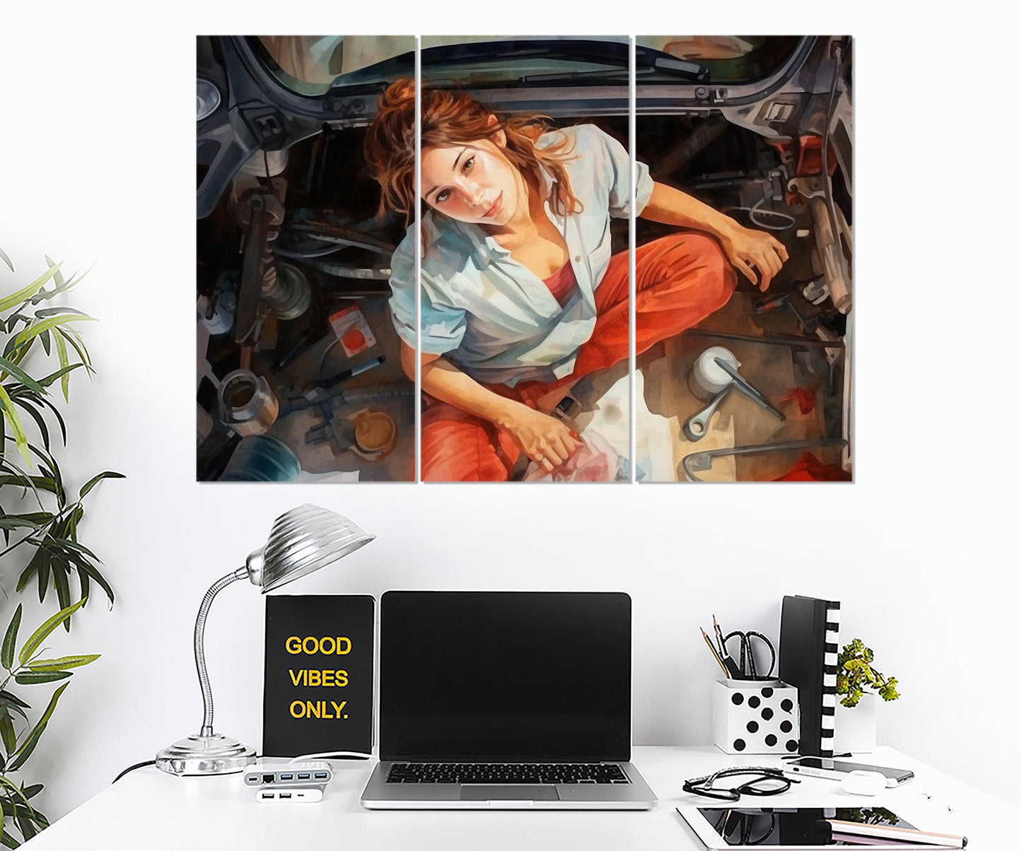 Mechanic Woman Canvas – Retro Mechanic Print | Workshop Wall Decor, Framed Canvas Art