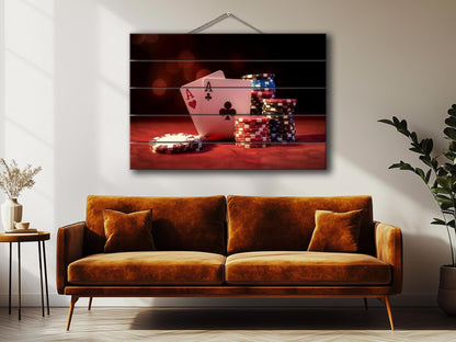 Poker Chips Wall Art – Rustic Wood Print | Casino Game Artwork on Wood Planks
