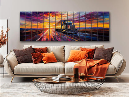 Truck on Highway Print On Natural Wood - Logistics Wall Art