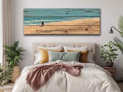 Coastal Wall Art – Wooden Coastal Print of Couple Walking on Beach House Decor