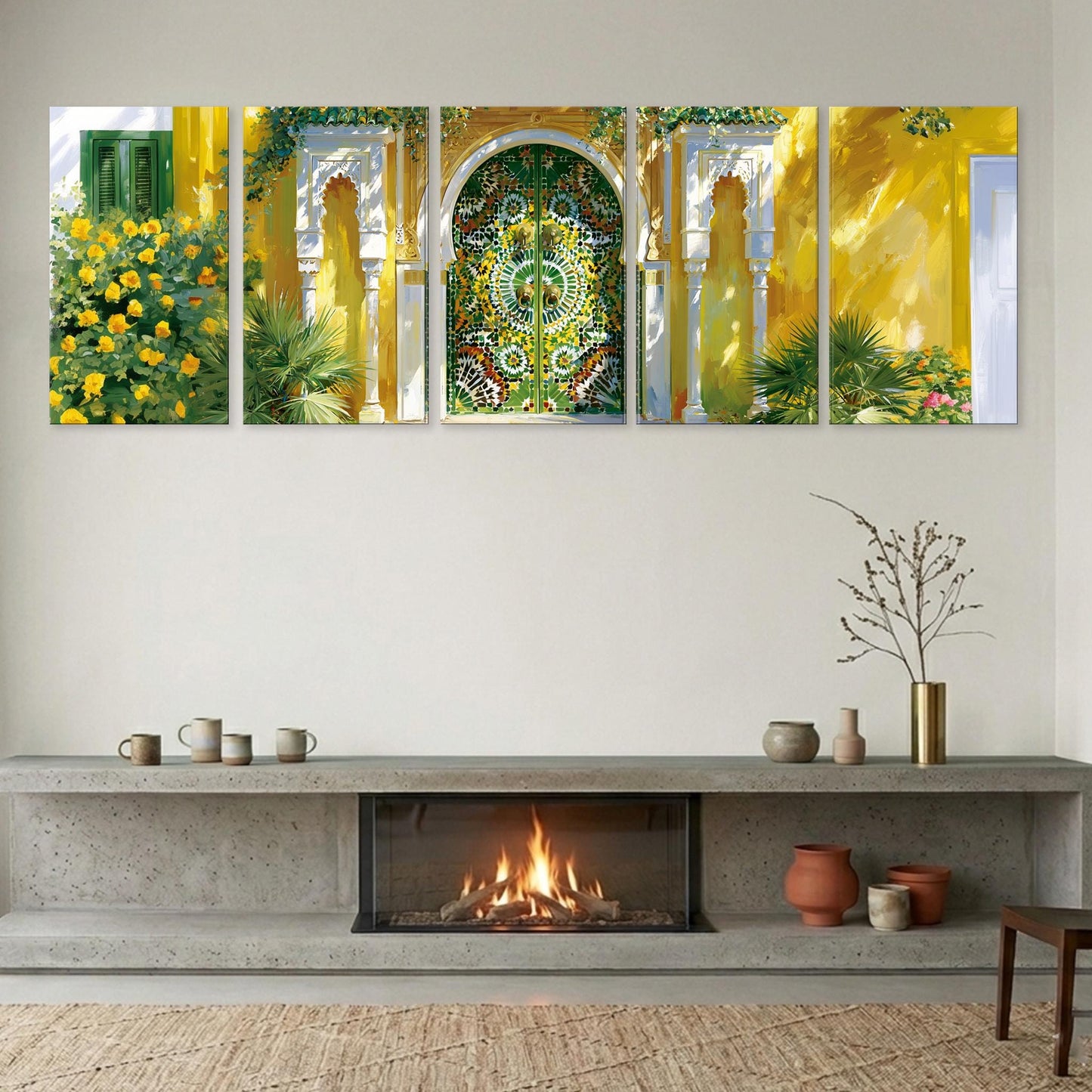 The image is a modern living room with a fireplace, a wooden shelf, and a vase of flowers. The fireplace has a fire burning, creating a warm and inviting atmosphere. The room is decorated with a collage of five images, including a yellow building with a green door, a yellow building with a green door, a yellow building with a green door, a yellow building with a green door, and a yellow building with a green door.