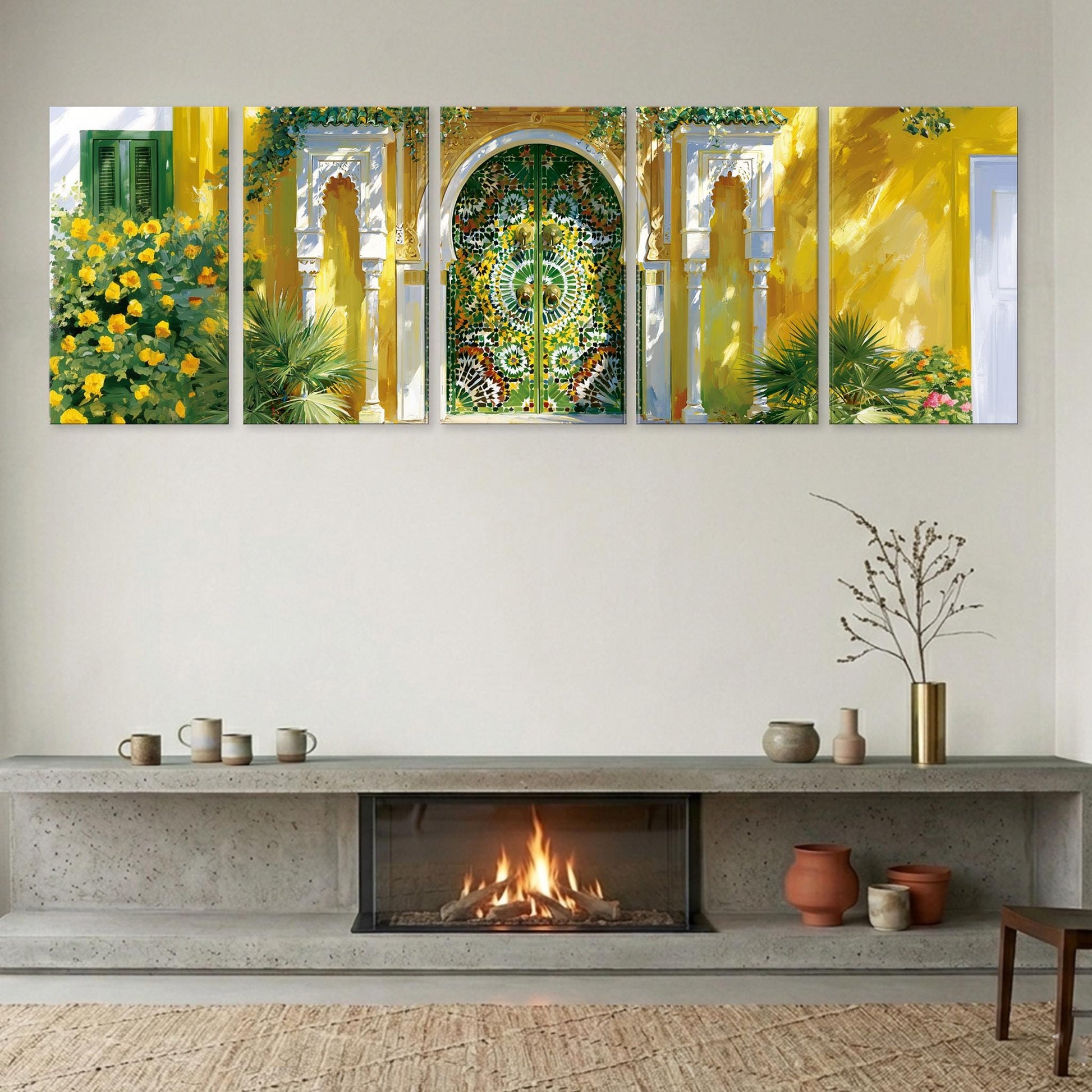 The image is a modern living room with a fireplace, a wooden shelf, and a vase of flowers. The fireplace has a fire burning, creating a warm and inviting atmosphere. The room is decorated with a collage of five images, including a yellow building with a green door, a yellow building with a green door, a yellow building with a green door, a yellow building with a green door, and a yellow building with a green door.
