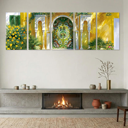 The image is a modern living room with a fireplace, a wooden shelf, and a vase of flowers. The fireplace has a fire burning, creating a warm and inviting atmosphere. The room is decorated with a collage of five images, including a yellow building with a green door, a yellow building with a green door, a yellow building with a green door, a yellow building with a green door, and a yellow building with a green door.