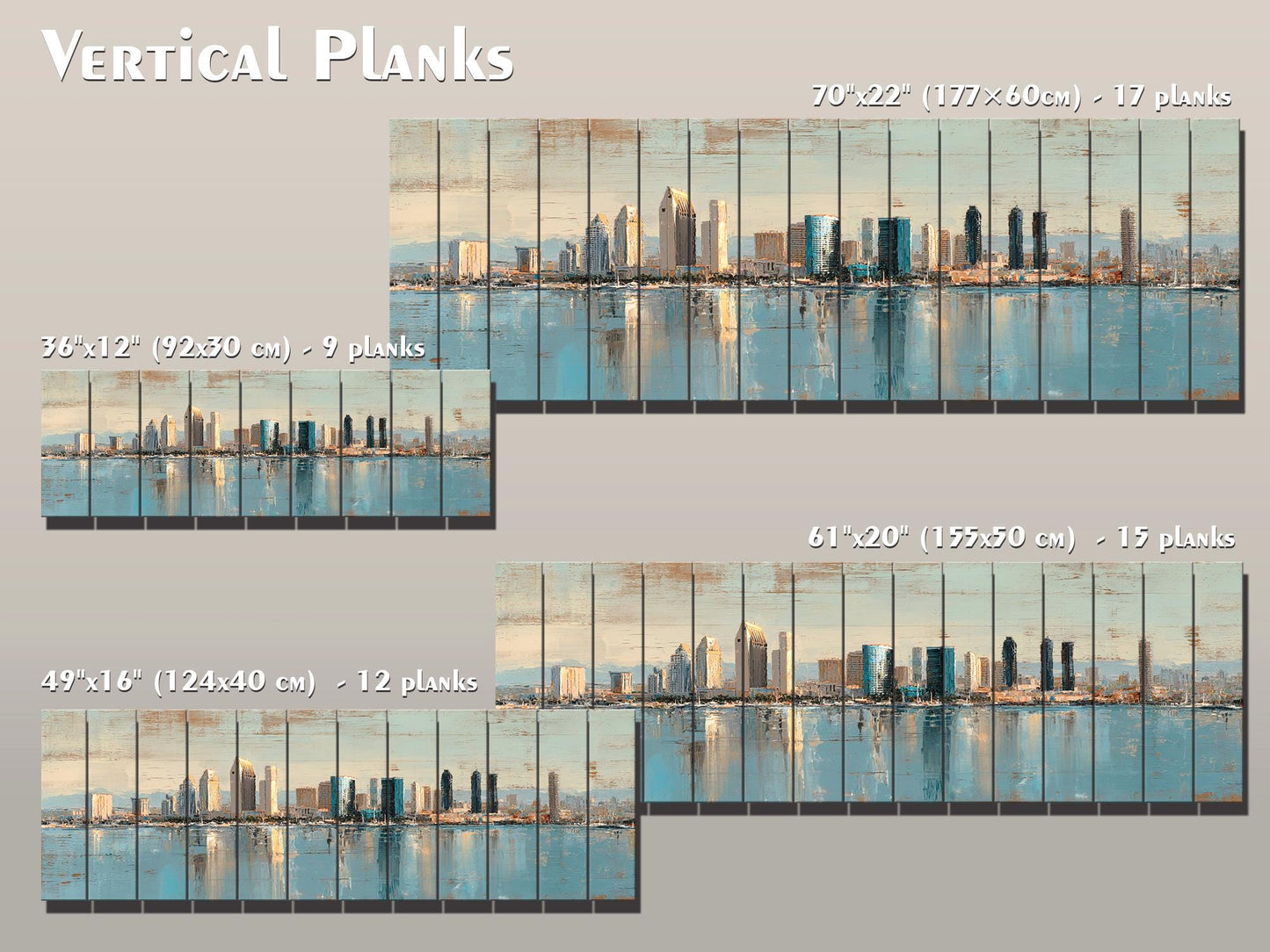 San Diego Skyline Wood Print – Rustic Wood Art | Beige Blue Wall Art, Harbor Oil Painting