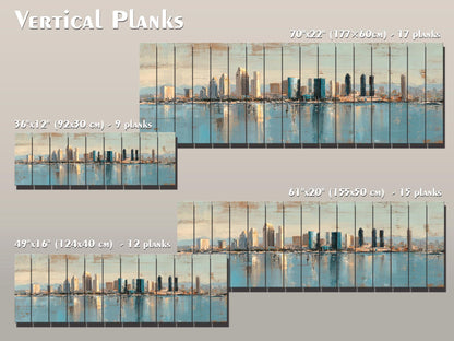 San Diego Skyline Wood Print – Rustic Wood Art | Beige Blue Wall Art, Harbor Oil Painting