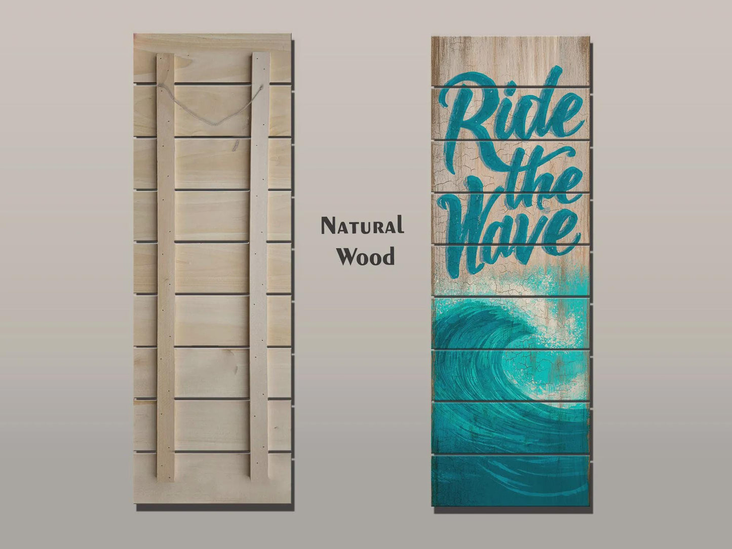 Coastal Wood Wall Art – Ride The Wave Print On Natural Wood Planks – Surfing Wall Decor