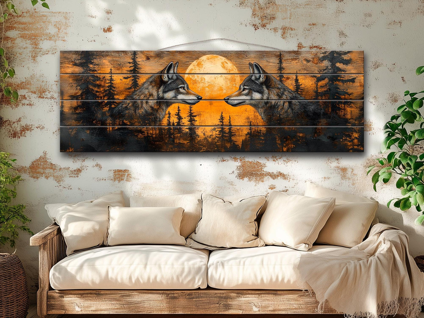 Wolf Wall Art - Sunset Forest Wolf Print on Natural Wood | Native American Art Decor