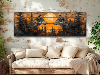 Wolf Wall Art - Sunset Forest Wolf Print on Natural Wood | Native American Art Decor