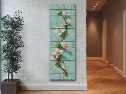 Rustic Cherry Blossom Printed on Woodm, Spring Floral Wooden Wall Art