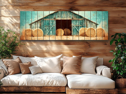 Rustic Barn Wall Art – Handcrafted Wood Plank Print with Hay Bales for Cozy Farmhouse Decor