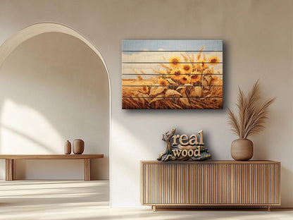 Rustic Print on Wood Wall Art – Sunflower Wall Decor on Smooth Linden Wood Planks