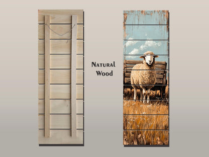 Rustic Wood Wall Art – Sheep Printed on Natural Wood Art – Rustic Farm Wall Decor – Folk Style Animal Print on Wood, Farmhouse Wall Art