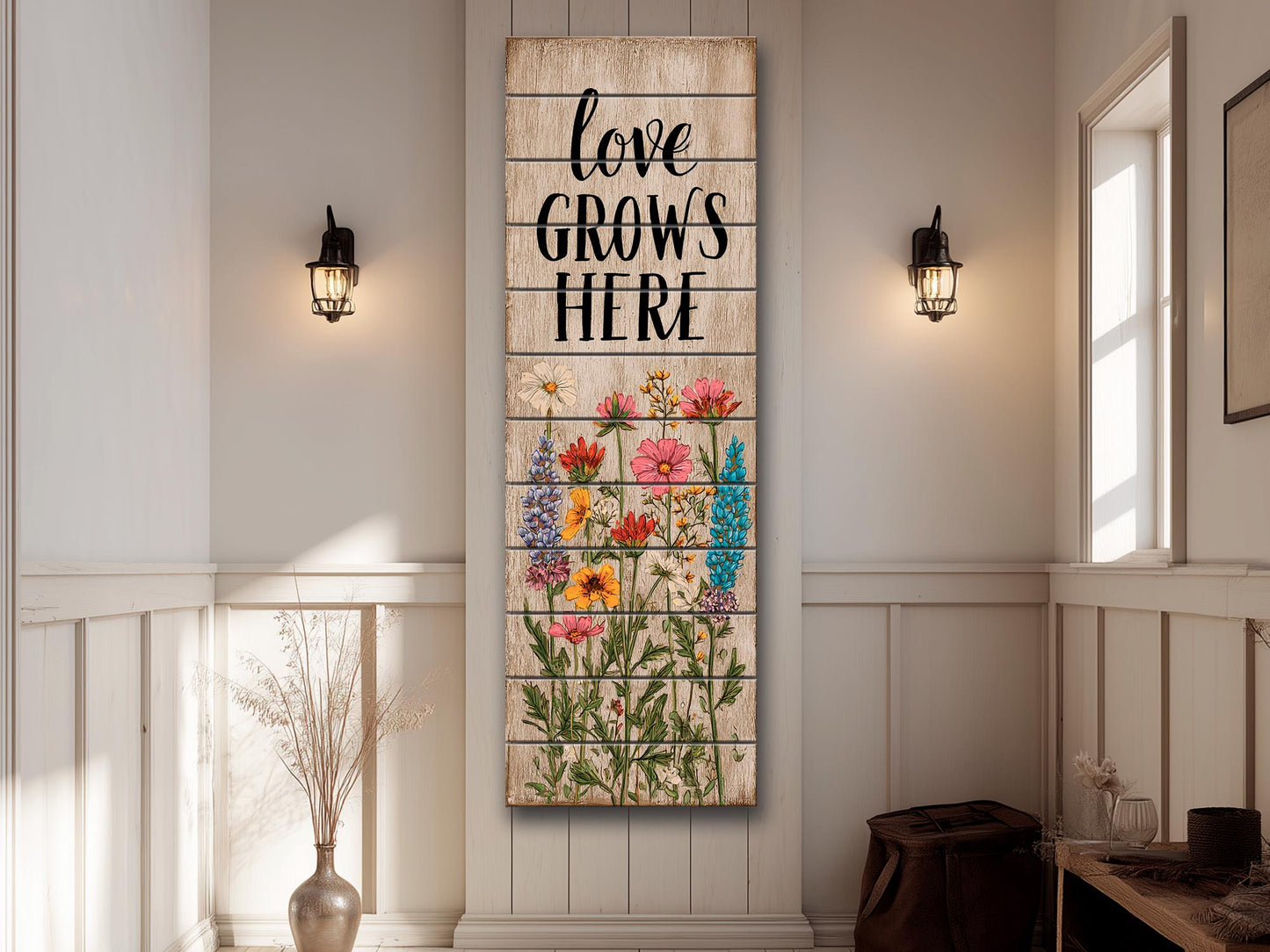 Rustic Wood Wall Art – Love Grows Here Sign With Wildflower Farmhouse Decor