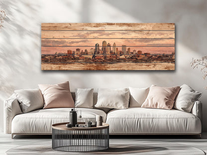 Kansas City Wood Print – Panoramic Skyline Painting on Distressed Wood Art