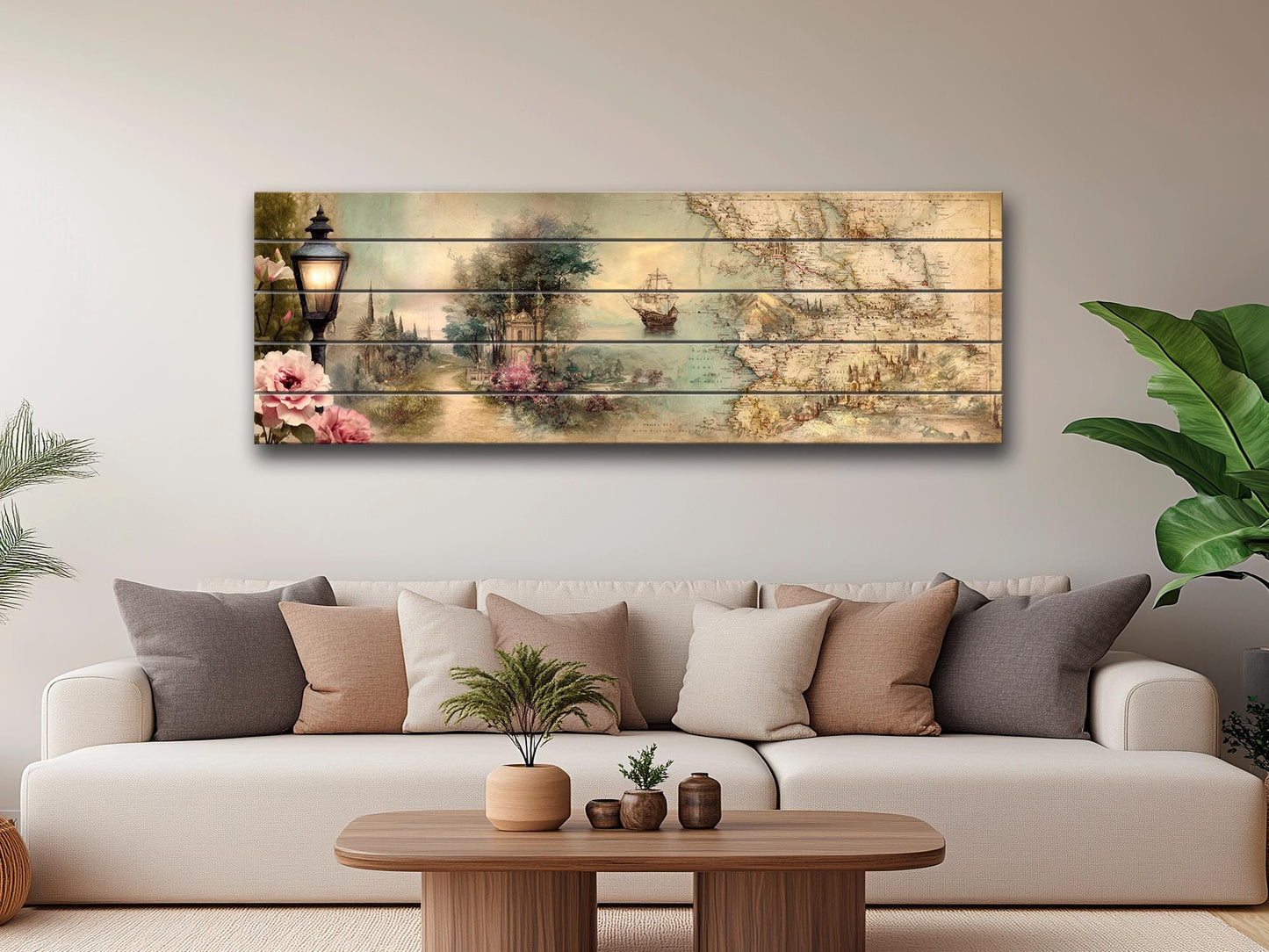 Golden Map Print – Rustic Wood Wall Art With Abstract Map Design On Pale Background