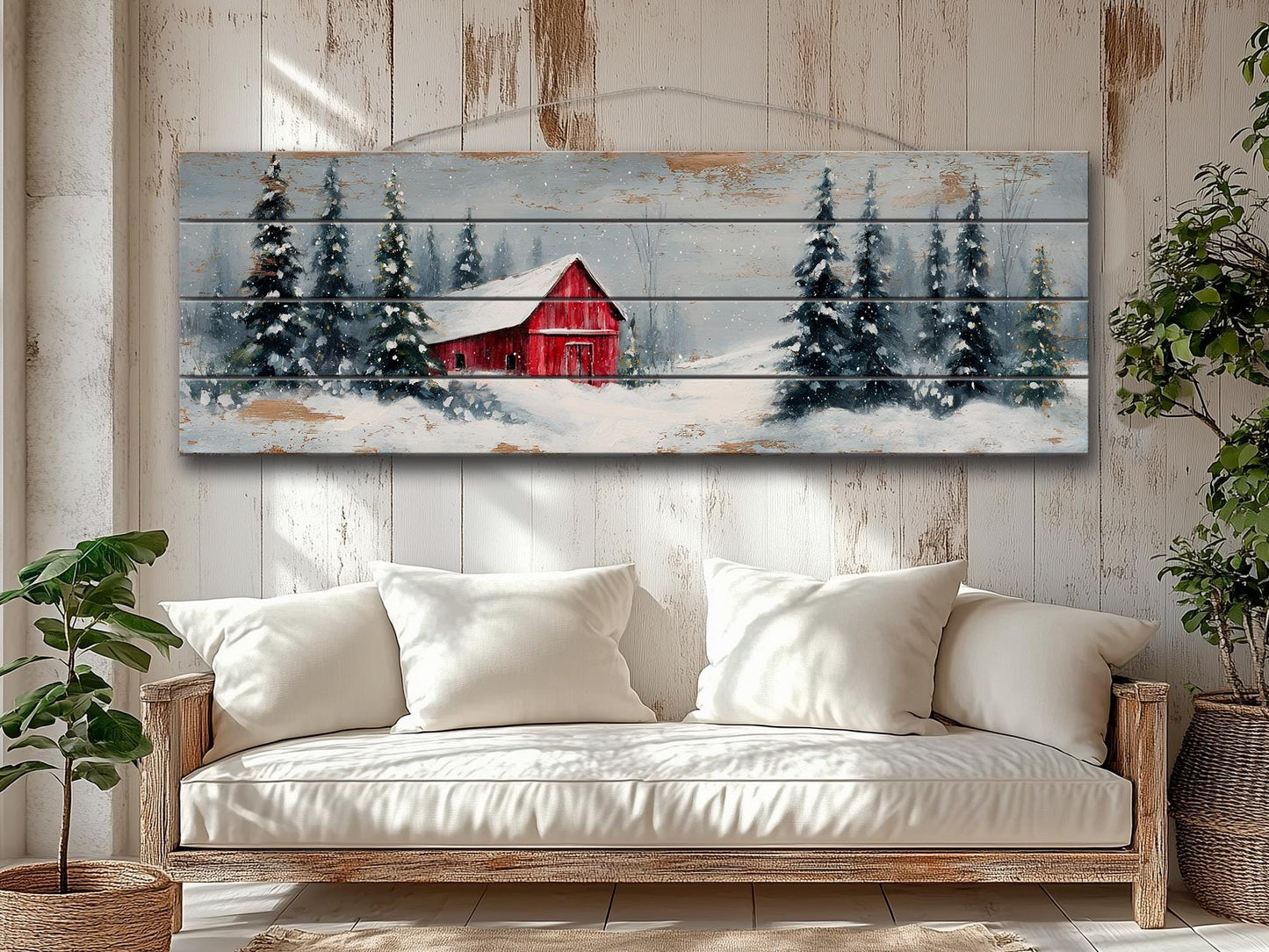 Peaceful Snowy Landscape with Red Barn and Pine Trees Print on Natural Wood, Rustic Cabin Wall Decor, Winter Forest Wall Art, Wood Wall Art