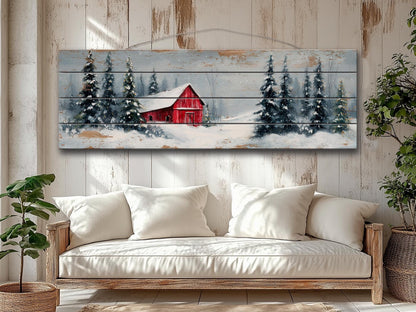Peaceful Snowy Landscape with Red Barn and Pine Trees Print on Natural Wood, Rustic Cabin Wall Decor, Winter Forest Wall Art, Wood Wall Art