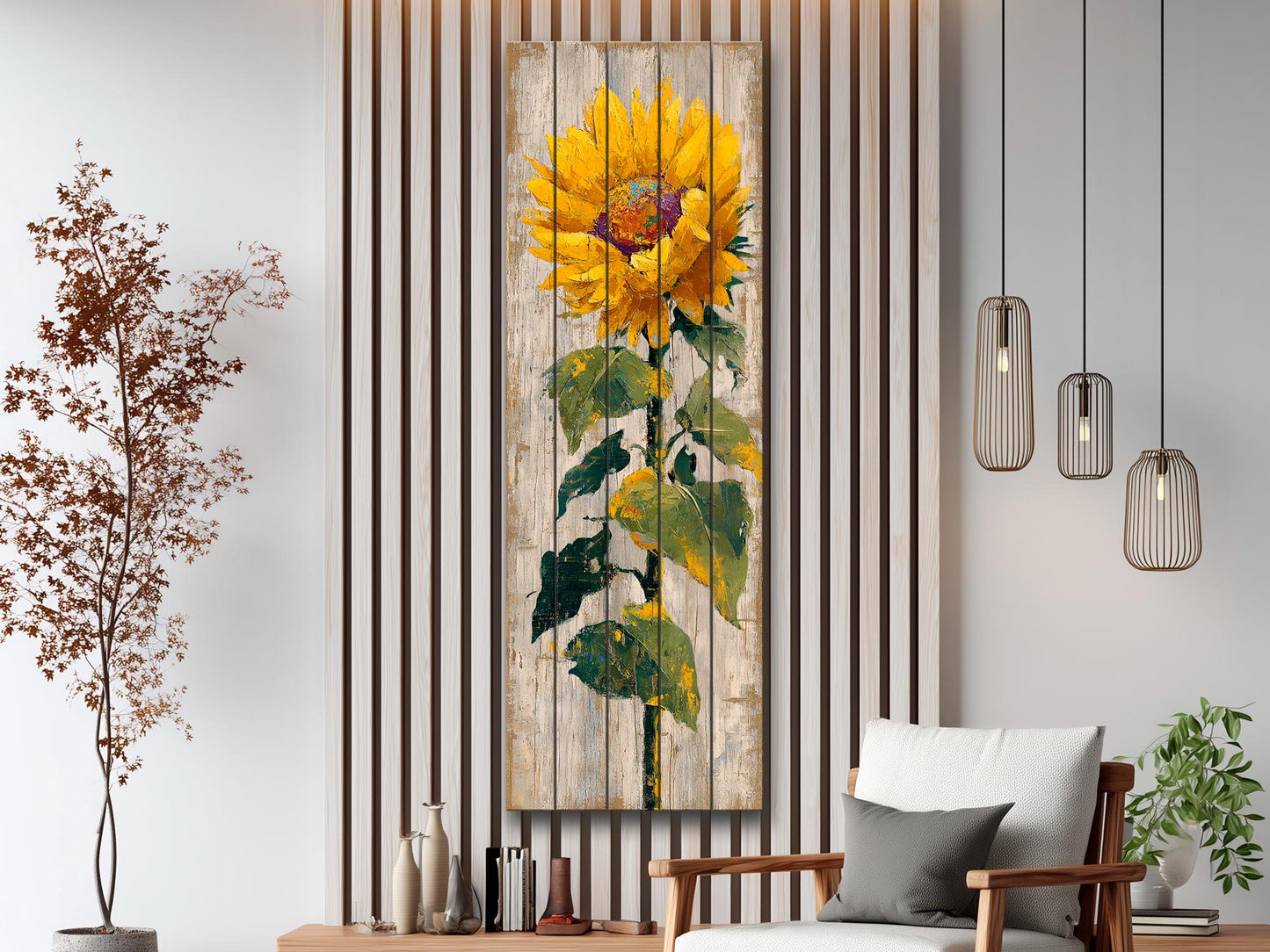 Rustic Sunflower Wall Art – Handcrafted Wood Wall Decor with Vertical Planks