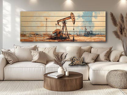 Oil Well Painting – Rustic Wood Print | UV Printed Artwork On Wood, Industrial Wall Decor