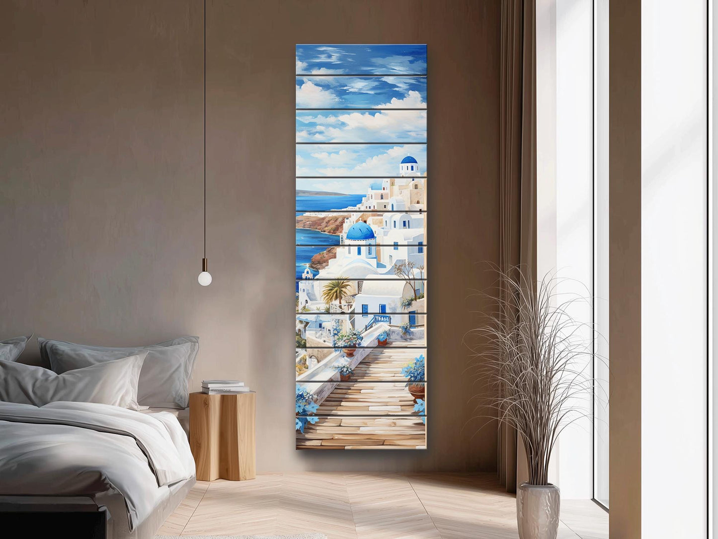 Santorini Wood Art – Abstract Greek Wall Decor Printed on Natural Wood Panel