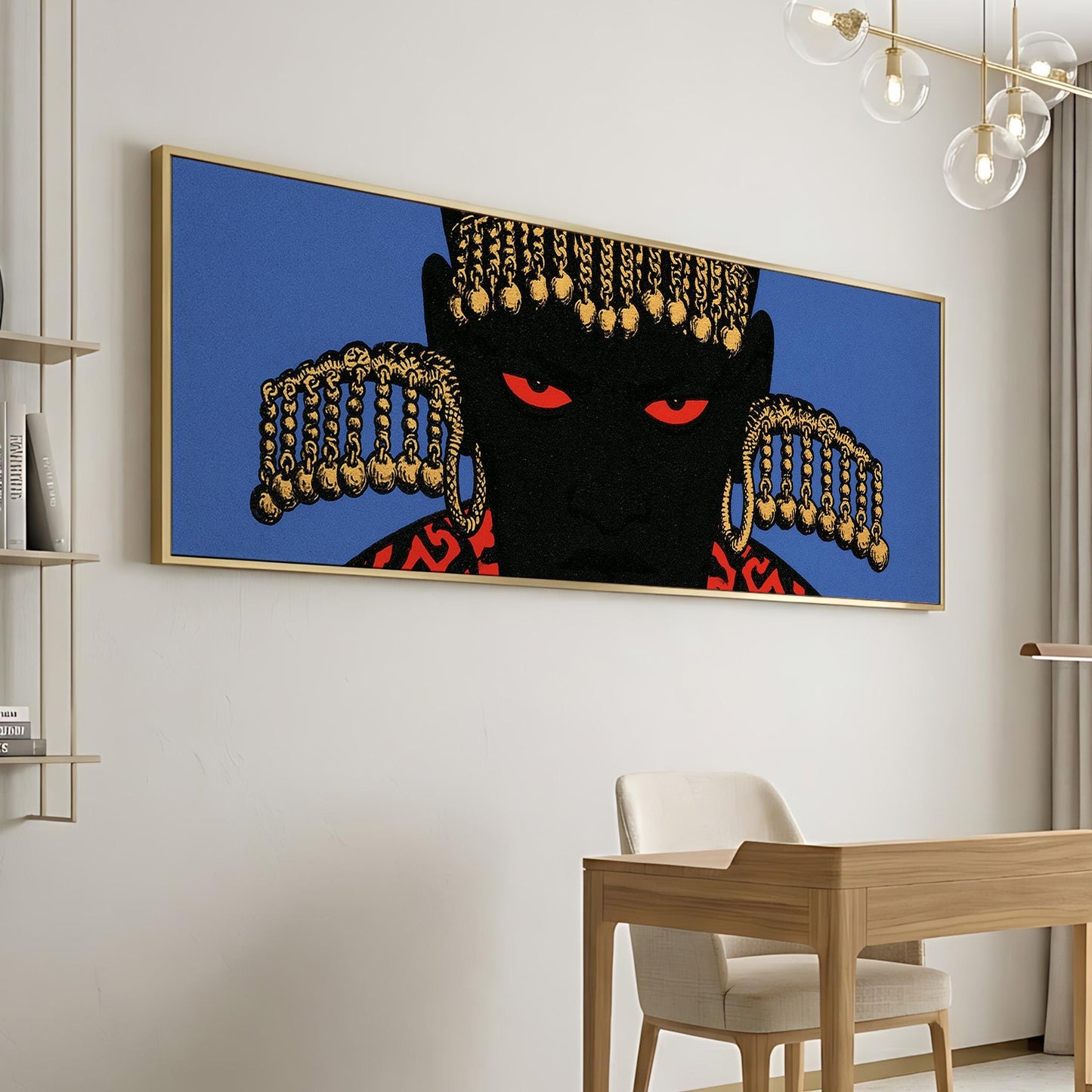 a large, colorful painting of a black figure with gold accents, displayed on a wall above a wooden desk and chair.