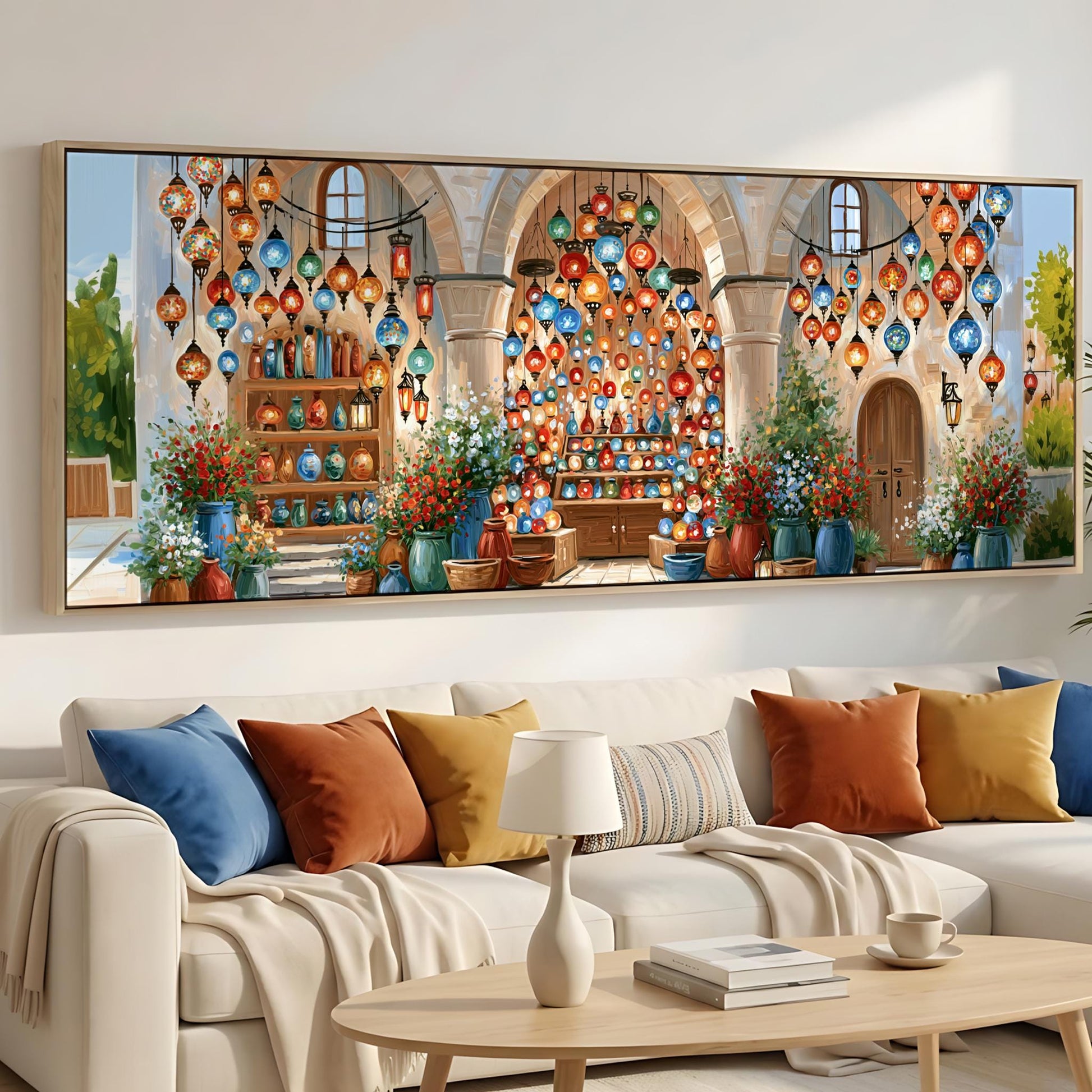 a cozy living room with a large, colorful painting hanging on the wall above a white sofa adorned with throw pillows. The painting features a vibrant scene of a market or bazaar, with various items for sale, including vases, bottles, and other decorative objects. The room is well-lit, with natural light streaming in from a window, and the overall atmosphere is warm and inviting.