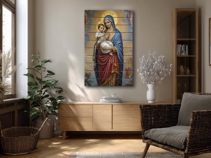 Virgin Mary Wall Art – Natural Wood Plank Art | Christian Wall Decor Print