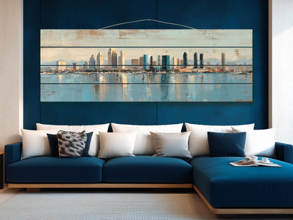 San Diego Skyline Wood Print – Rustic Wood Art | Beige Blue Wall Art, Harbor Oil Painting