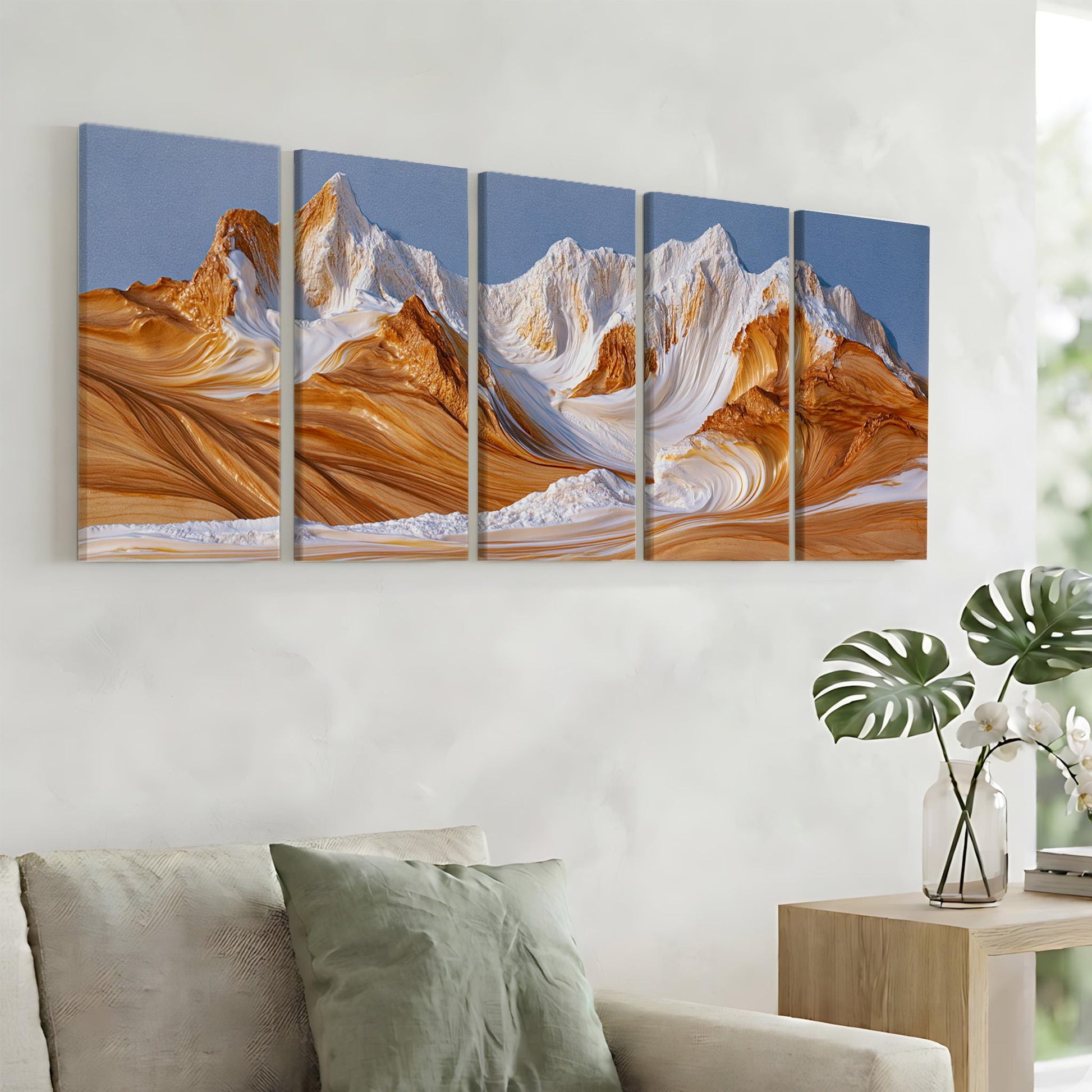 a large, vibrant painting of a mountain range with a striking color palette of orange, white, and blue. The painting is displayed on a wall above a couch, creating a cozy and inviting atmosphere in the living room.