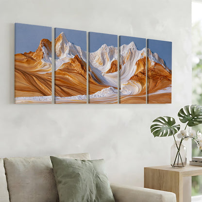 a large, vibrant painting of a mountain range with a striking color palette of orange, white, and blue. The painting is displayed on a wall above a couch, creating a cozy and inviting atmosphere in the living room.