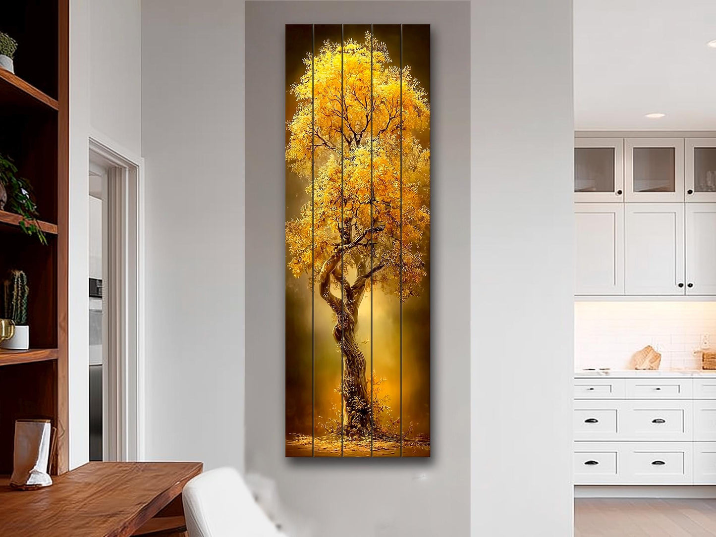 Golden Tree Print on Wood –  Tree with Golden Leaves, Modern Rustic Wall Decor