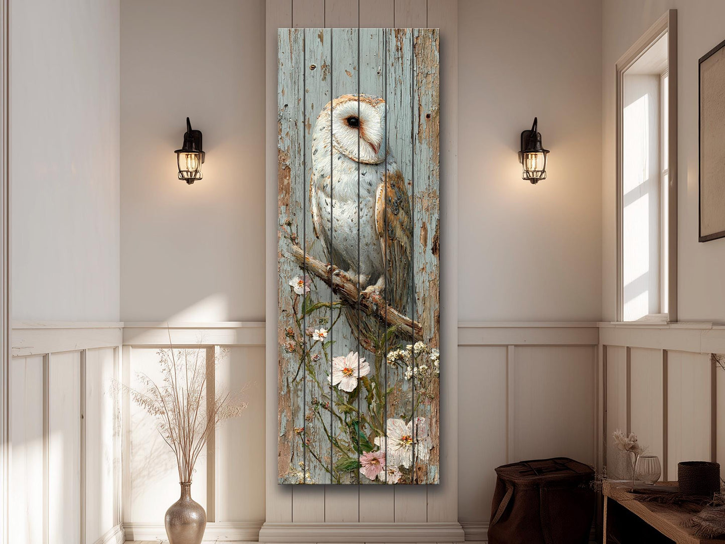 Rustic Wood Wall Art – Barn Owl and Wildflowers on Wood Planks – Farmhouse Nature Decor