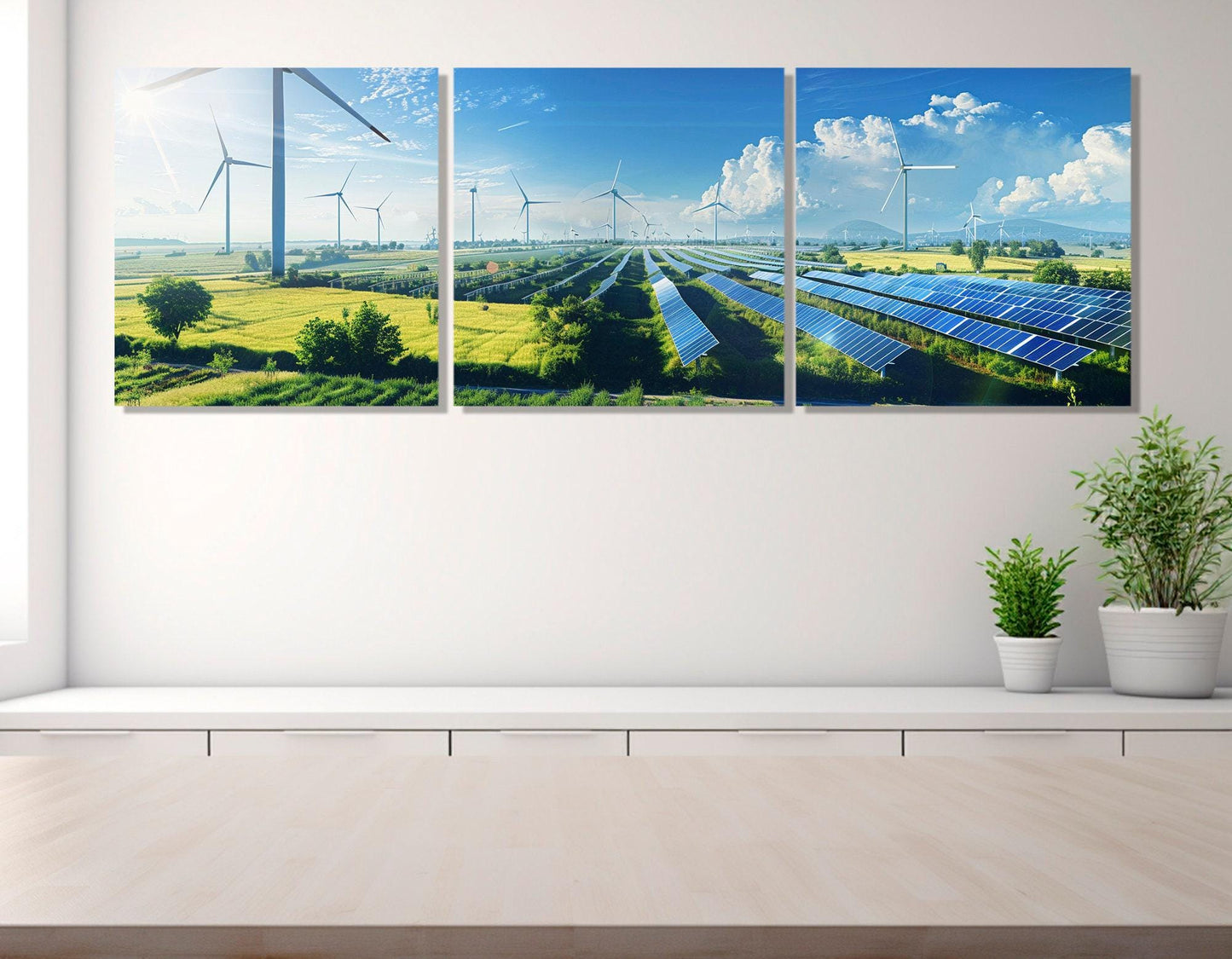 Renewable Energy Wall Art – Wind Turbine Canvas & Solar Panel Print on Gallery Wrapped Canvas