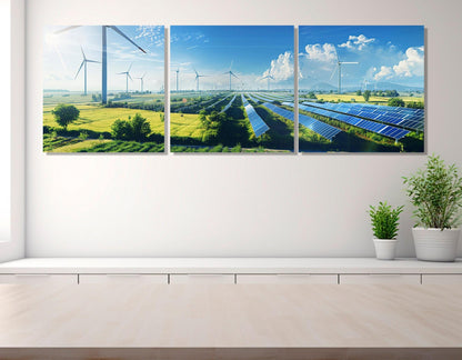 Renewable Energy Wall Art – Wind Turbine Canvas & Solar Panel Print on Gallery Wrapped Canvas