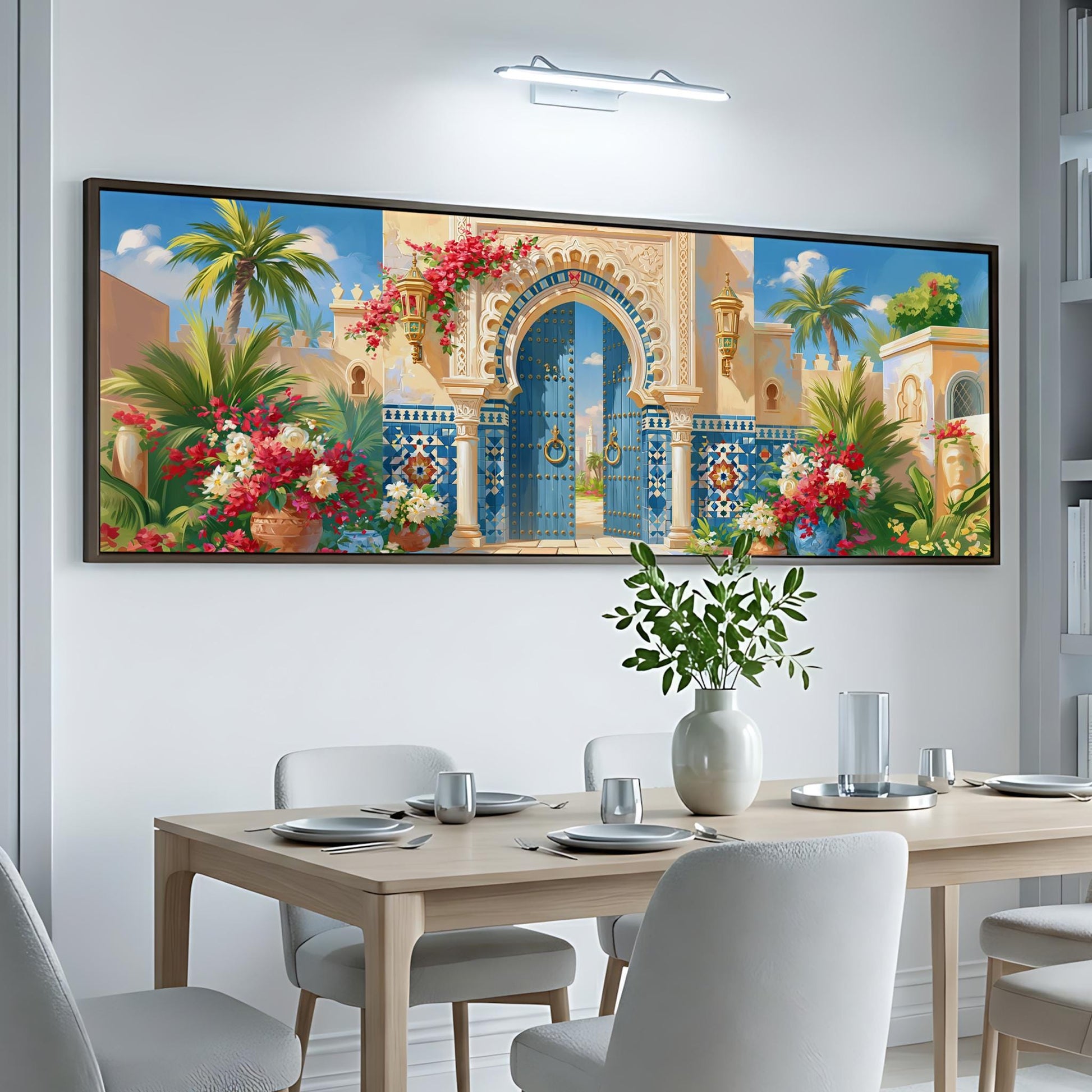 a large, colorful painting of an ornate, blue-trimmed gate with a yellow archway, surrounded by lush tropical foliage and flowers, hanging on a white wall above a wooden dining table set with plates, silverware, and a vase of flowers.