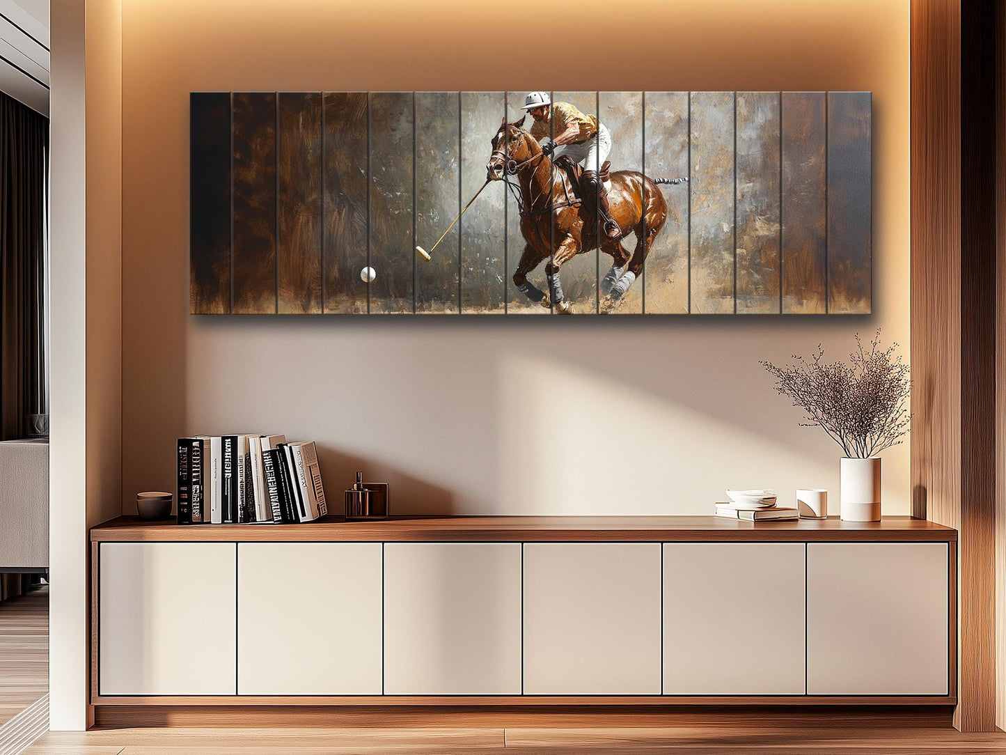 Abstract Polo Painting On Natural Wood – Outdoor Sports Wall Art