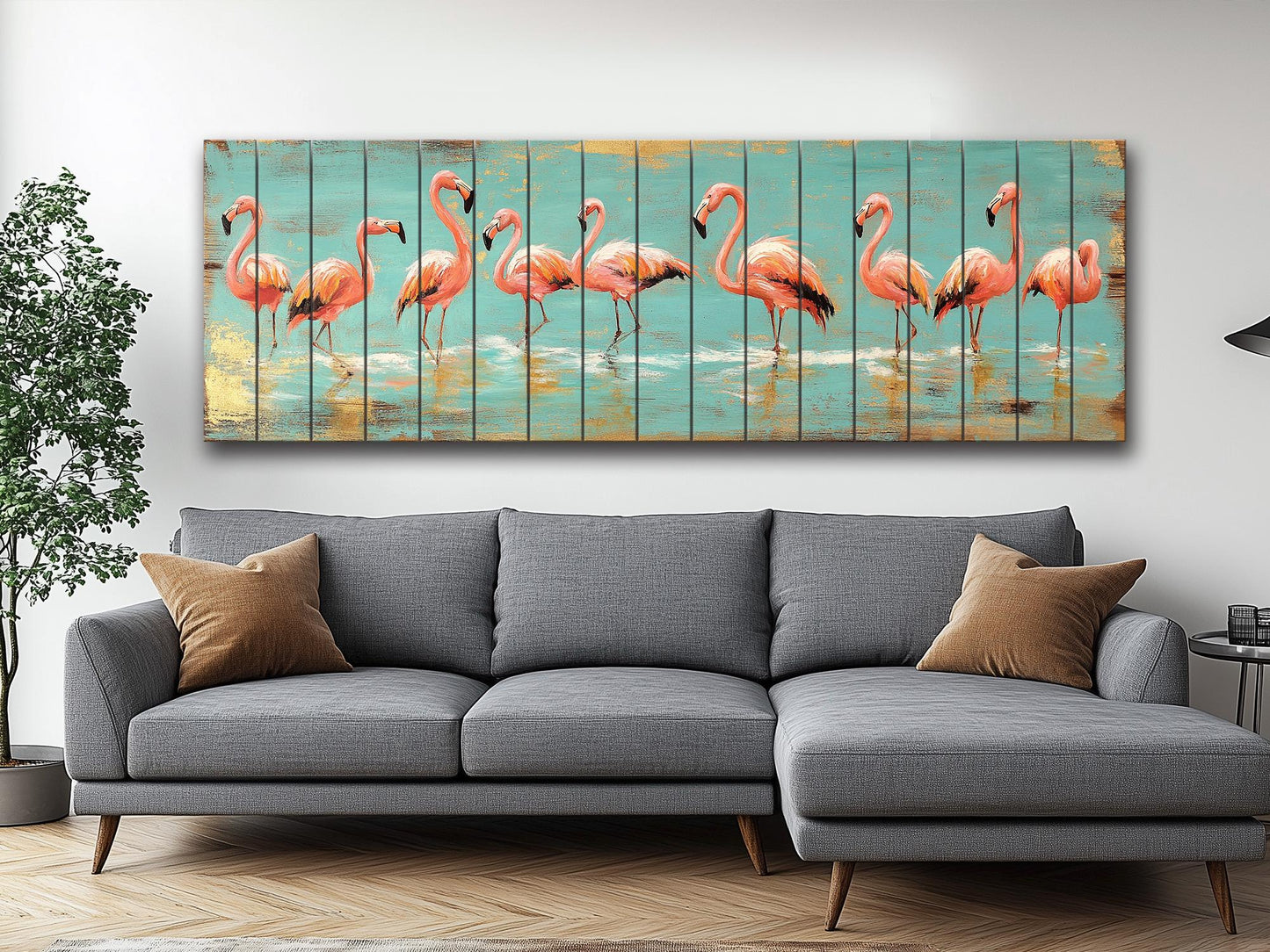 Wood Wall Art – Flock of Graceful Flamingos Print on Natural Wood, Rustic Flamingo Painting, Flamingo Wall Art, Soft Tones Birds Wall Art