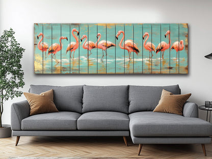 Wood Wall Art – Flock of Graceful Flamingos Print on Natural Wood, Rustic Flamingo Painting, Flamingo Wall Art, Soft Tones Birds Wall Art