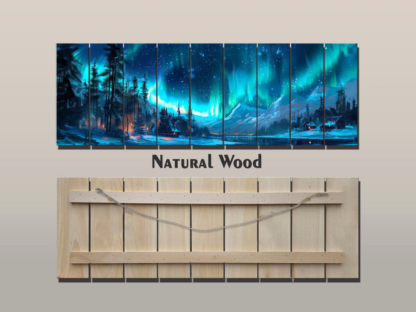 Northern Lights Wall Art – Aurora Borealis Wooden Print on Natural Wood Decor