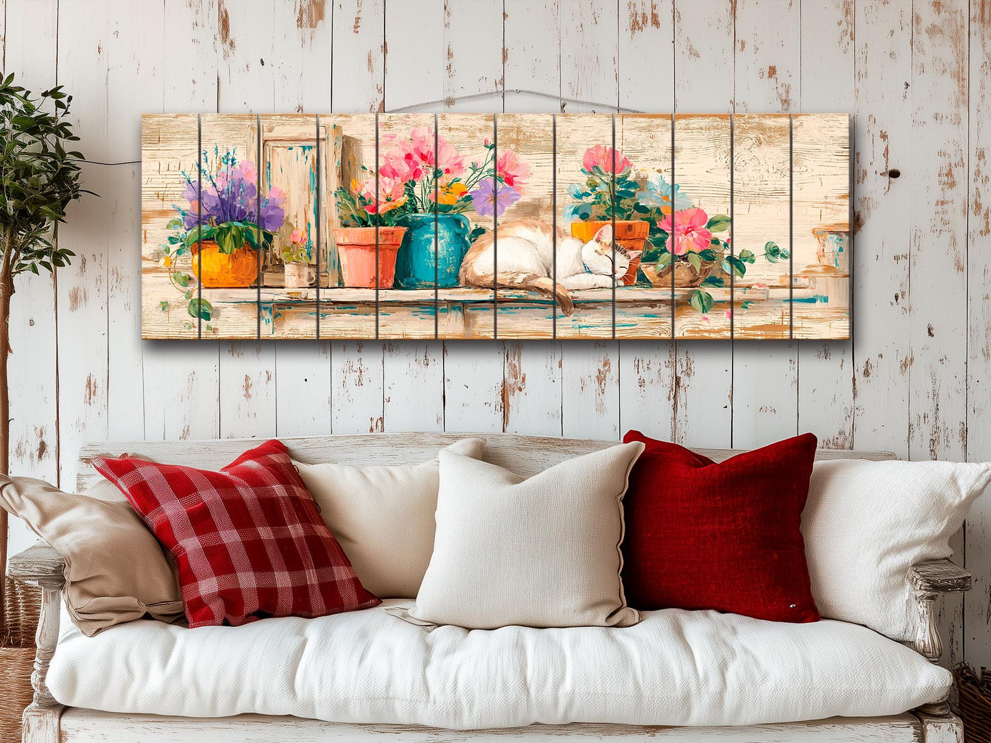 Wood Wall Art – Cozy Sleeping Cat Painting on Natural Wood Plank | Rustic Floral Decor