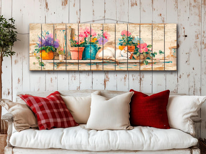 Wood Wall Art – Cozy Sleeping Cat Painting on Natural Wood Plank | Rustic Floral Decor