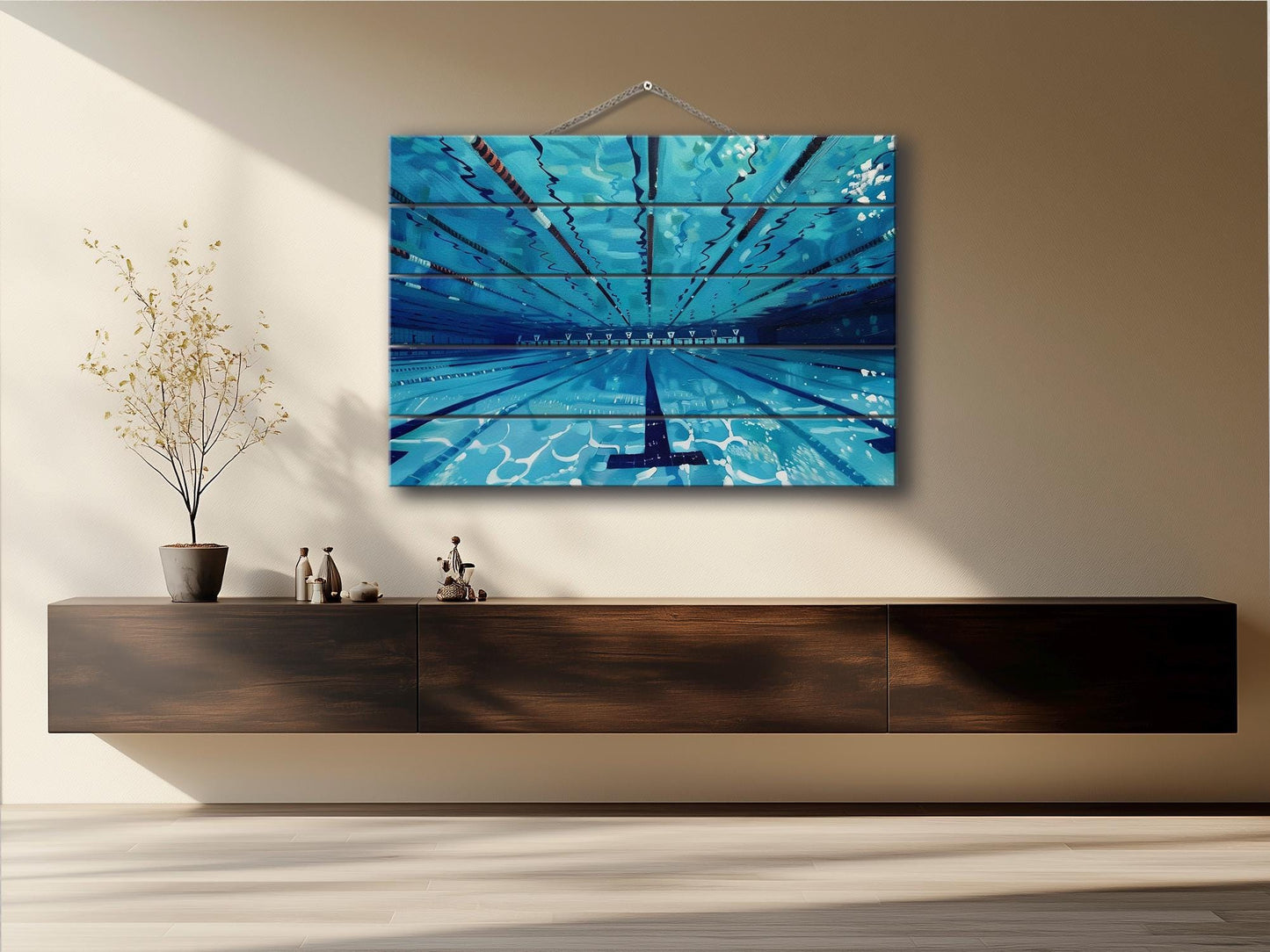 Swimming Pool Print on Natural Wood, Swimming Wall Art, Swimmer Gift, Abstract Swimming Pool Painting, Water Sports Wall Art, Wood Wall Art